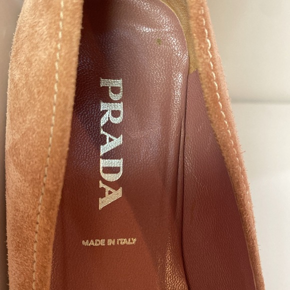 PRADA pale rose SUEDE kitten heel loafers squared toe W bow, 1.5” pumps 37 VGUC - Picture 2 of 16